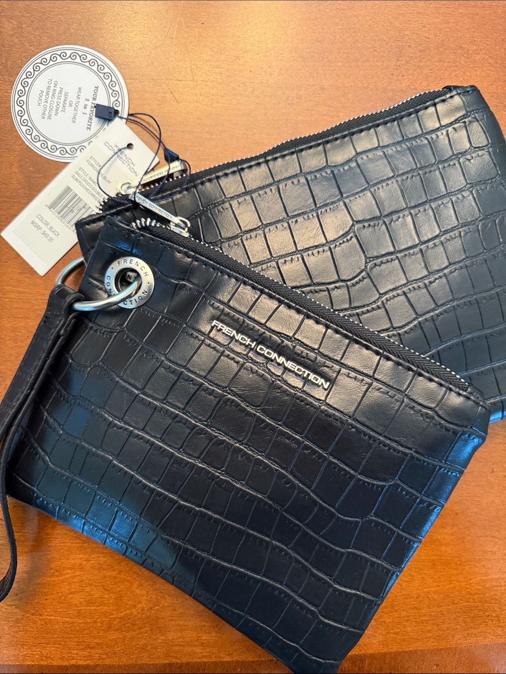 French Connection Black Croc-Embossed PU Leather Wristlet Duo